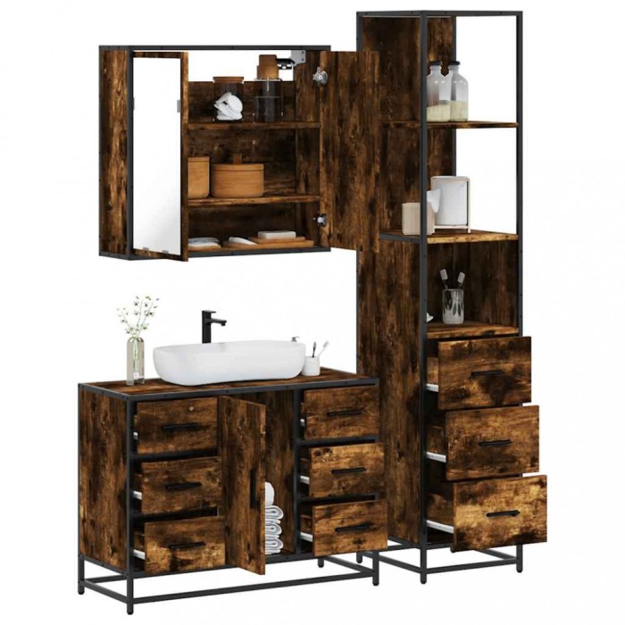 Gossi set mobilier de baie, 3 piese, stejar fumuriu, lemn prelucrat