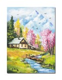 Tablou peisaj idilic pictat manual, Pe meleaguri transilvanene, 40x30cm ulei pe panza, Constantin Feraru