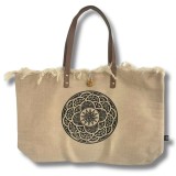 Geanta Mandala Naturala Bumbac, Manere Piele, Handmade India, 54x34x24cm, Yoga, Eco-Friendly, Buzunar Fermoar
