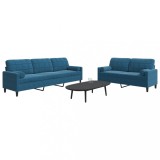 Set Canapele Catifea Albastra vidaXL, 2 si 3 Locuri, Cu Perne Rulou, Confortabil, Design Modern