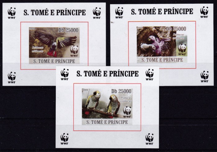 DB1 WWF Fauna Papagali Sao Tome 3 SS ( unul lipsa ) nedantelate MNH