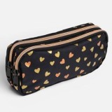 Penar cilindric cu model inimioare, 2 compartimente, Negru, 21x6x9cm, CMCLASS