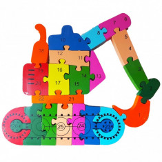 Puzzle 3D din lemn pentru copii cu Alfabet si Cifre, Excavator, 26 piese, 23 cm, 18014SX