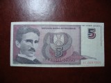 Iugoslavia 5 Dinari 1994, Nikola Tesla - Bancnota Straine Europa