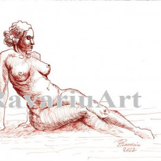 Tablou RavariuArt, Nud femeie sezand, tehnica sanguina pe hartie, neinramat, A4