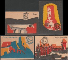 1975 Romania - Set 4 etichete de chibrituri romanesti Monumente si obiective turistice (II)
