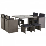 Outsunny Set Mobilier Grădină Extern Ratan 9 Piese, Masă, 4 Scaune, 4 Taburete, Maro | Aosom Romania