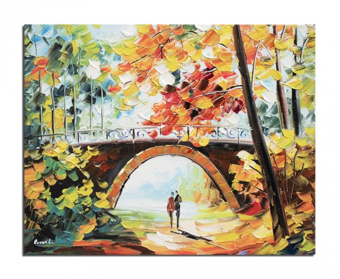Tablou indragostiti pictat manual, Impreuna pe aleea vietii, 50x40cm ulei pe panza in cutit efect 3D