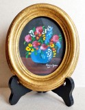 Flori salbatice - pictura in acrilic pe hartie neagra, miniatura originala, rama ovala