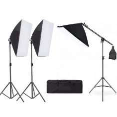 Kit de 3 softboxuri cu macara ajustabila, 3 trepiezi reglabili 200 cm, fara becuri, geanta de transport inclusa