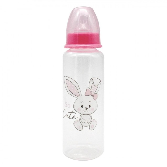 Biberon Plastic Honey Baby, Model Iepuraș, Tetină Silicon, Culoare Roz, Capacitate 250ml