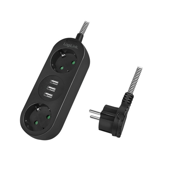 PRELUNGITOR LOGILINK, Schuko x 2, conectare prin Schuko (T), USB x 3, cablu 1.5 m, 16 A, fara protectie, negru, &quot;LPS262U&quot; (timbru verde 0.18 lei)