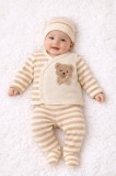 Costumas bebelusi 3 piese crem cu ursulet | Haine bebe moi si confortabile