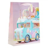 Sacosa Cadou, Model Masina cu Dulciuri, Manere Roz, Multicolor, Dimensiuni 32x11.5x42cm, Oem