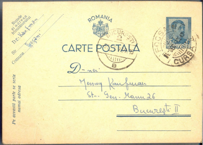 AX 181 CP VECHE -DOAMNEI JENNY KAUFMAN -BUCURESTI-DE LA FOCSANI-CIRC. 1939