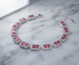 Cumpara ieftin Bratara Tennis din Argint 925 cu Zirconii Roz-Rubin Emerald Cut si Halou