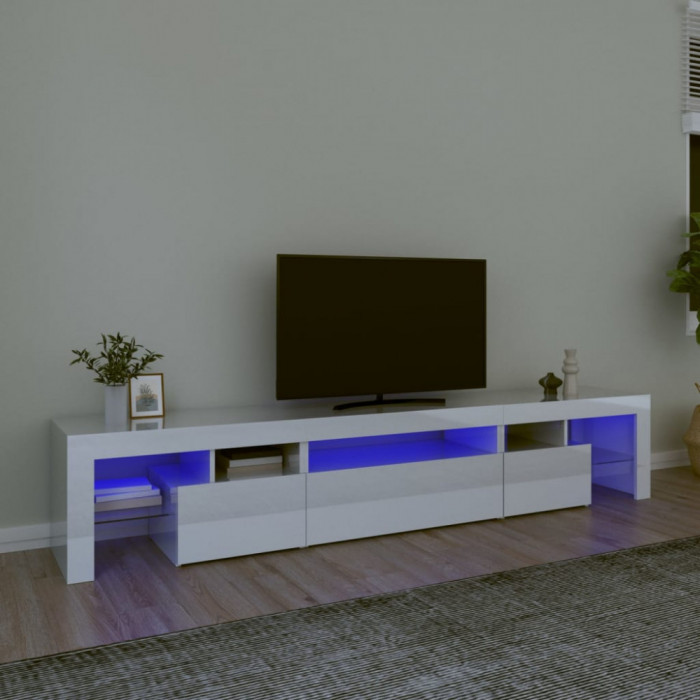 vidaXL Comodă TV cu lumini LED, alb extralucios, 215x36,5x40cm