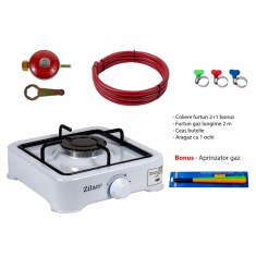 Aragaz 1 ochi 27x27 cm cu ceas pentru butelie, furtun gaz 2m si aprinzator alb