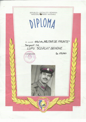 AMS# - DIPLOMA TITLUL DE &amp;bdquo;MILITAR DE FRUNTE&amp;rdquo; 1983 foto