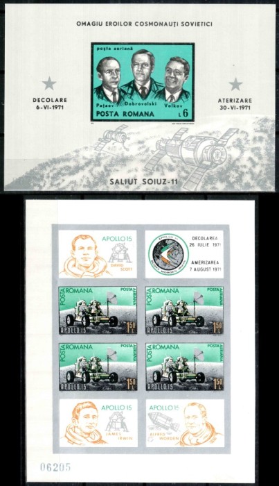 Romania 1971, LP 771 + LP 772 b, Soiuz 11 + Apollo15, blocuri nedantelate, MNH! RARE!!!