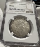 25.000 Lei 1946 Argint, Romania, NGC MS62, varianta cu FUM la L