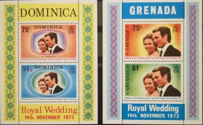 BC59, Grenada si Dominica 1973, 2 colite Printesa Anne, familia regala britanica foto