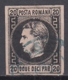 ROMANIA 1866/1867 LP 20 c CAROL FAVORITI 20 PARALE NEGRU/ROZ HARTIE SUBTIRE STAMPILAT IASSY
