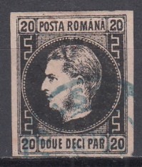 ROMANIA 1866/1867 LP 20 c CAROL FAVORITI 20 PARALE NEGRU/ROZ HARTIE SUBTIRE STAMPILAT IASSY