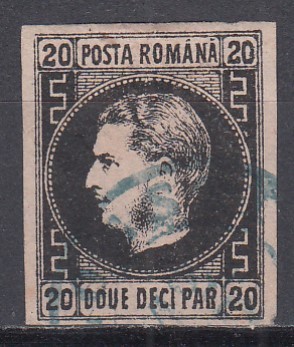 ROMANIA 1866/1867 LP 20 c CAROL FAVORITI 20 PARALE NEGRU/ROZ HARTIE SUBTIRE STAMPILAT IASSY foto