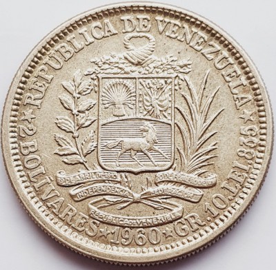 232 Venezuela 2 Bolivares 1960 A37 km 37 argint foto