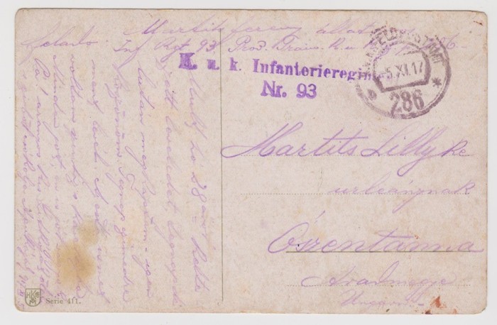 CP expediata la Aradmegye - Arad , 1917 kuk ,regimentul 93 infanterie