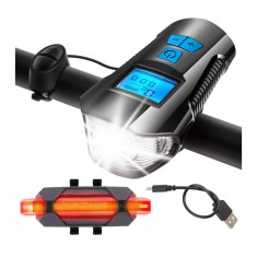 Vitezometru digital cu lampa fata + spate + claxon cu 6 sunete, waterproof, pentru bicicleta, model avx-wt-cbl-1x