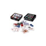 Poker cu 100 chips poker in cutie metalica, buton dealer, jetoane 4 culori de 1, 5 10 si 25, 2 carti joc
