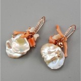 Cumpara ieftin Cercei Argint 925 placat aur roz, perle Biwa, coral roz natural &amp; zirconiu cubic Waterlily, 4cm, Made in Italy