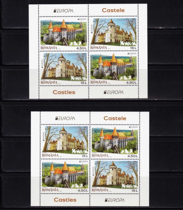 ✅RO 2017 LP 2142 a+b &quot;Europa-Castele&quot; , colita 696 tipI si II, MNH