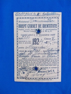 MINISTERUL COMUNICATIILOR , DREPT CARNET DE IDENTITATE , CLASA II , 1924 foto