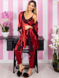 Set 3 piese Gabrielle Luxury din Satin Visiniu cu dantela neagra