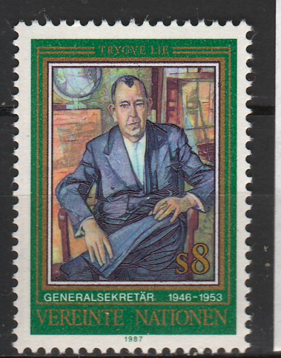TIMBRE 143e, ONU, VIENA, 1987, TRYGGVE LIE - PRIMUL SECRETAR GENERAL ONU .