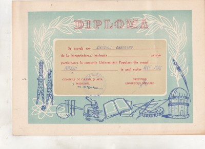 bnk div Diploma Universitatea Populara Ploiesti 1966 foto