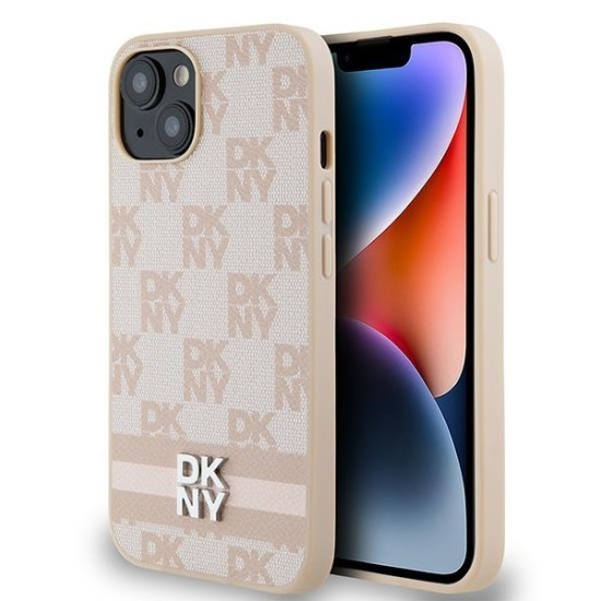 Husa iPhone 15 - DKNY Leather Checkered Mono Pattern &amp; Printed Stripes (DKHCP15SPCPTSSP) - Pink