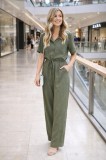Special Design Buttoned Waist Lace-Up Linen Khaki Casual Jumpsuit