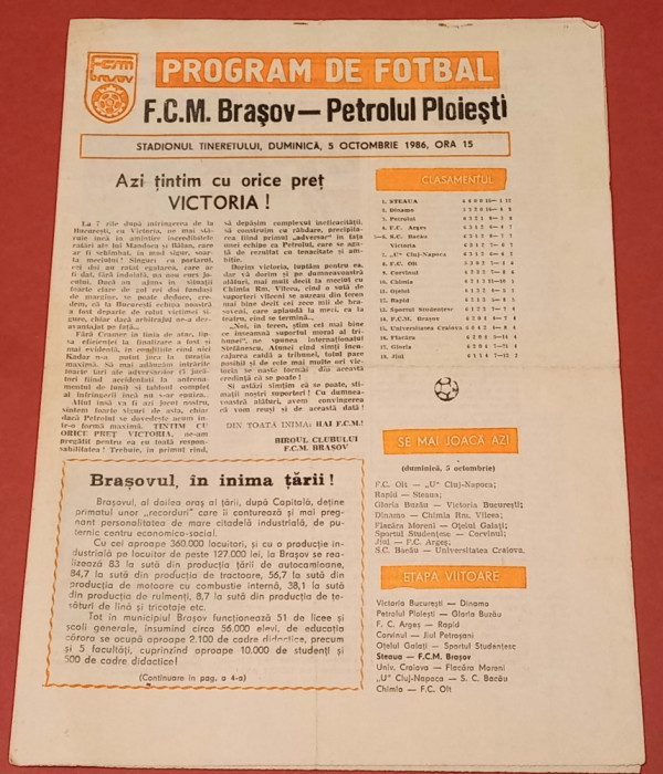 Program meci fotbal FCM BRASOV - PETROLUL PLOIESTI 05.10.1986