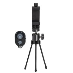 Mini trepied pentru telefon cu brat flexibil si telecomanda Bluetooth, suport smartphone rotativ din ABS, montura 1 4 inch, inaltime 13.5 cm, compatib