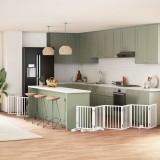 vidaXL Poartă c&acirc;ini pliabilă cu ușă 15 panouri, alb, 750 cm, lemn plop