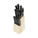 Set cutite bucatarie 15 piese cu suport lemn, foarfeca si pila ascutit, lama otel 3Cr13, maner ABS negru Breckner Germany
