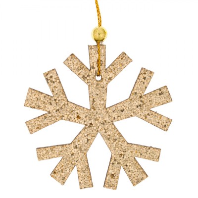 Ornament Brad Crăciun Lemn, Model Fulg, Culoare Bej, Mărime 7x7 cm, Cu Glitter foto