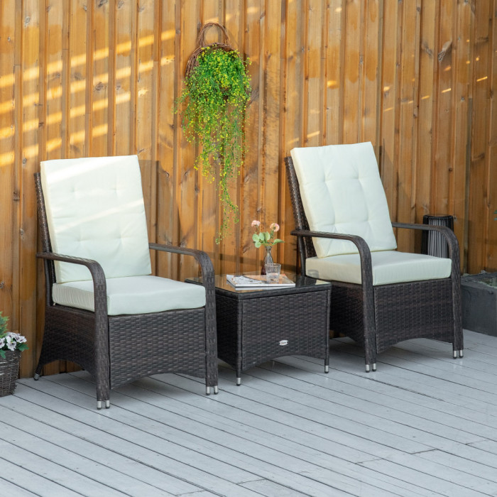 Outsunny Set pentru gradina din Rattan cu masuta si doua scaune, maro si crem