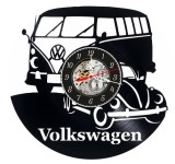 Ceas de perete decorativ realizat din disc de vinil, Model Volkswagen, VW Bus T1 si Broscuta Beetle, Text Stilizat, Cadran Skeleton, Negru, 30 cm