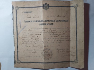 CERTIFICAT DE ABSOLVIRE LICEUL LAZAR SEMNAT DE IOAN BOGDAN SI V.I.PAUN -1903. foto