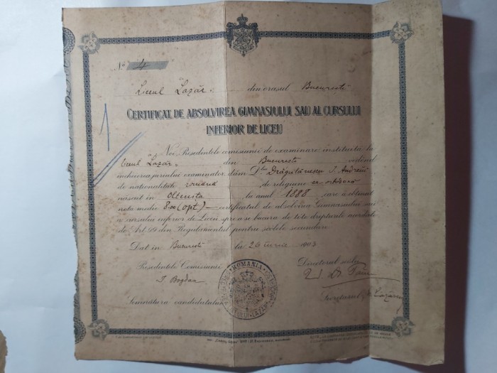 CERTIFICAT DE ABSOLVIRE LICEUL LAZAR SEMNAT DE IOAN BOGDAN SI V.I.PAUN -1903.